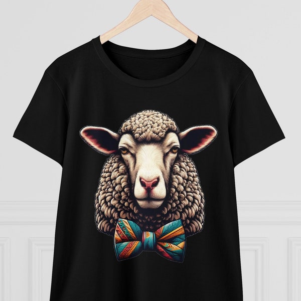 Sherm the Sheep Women's Midweight Cotton Tee, Gift for Mom or dad, animal rescue farm, hobby farm, bow tie, fun and quirky trendy animal top