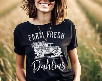 Farm Fresh Dahlias Unisex Jersey Short Sleeve Tee, Casual t shirt, spring summer garden vibes, Old Truck flower blossom delivery logo