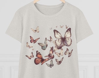 Flying Butterflies Women's Midweight Cotton Tee, Butterfly wish, pretty prarie boho style, Flower Garden theme, farmer gardener, simple top