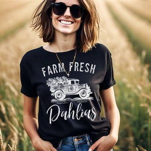 Farm Fresh Dahlias Unisex Jersey Short Sleeve Tee, Casual t shirt, spring summer garden vibes, Old Truck flower blossom delivery logo Black