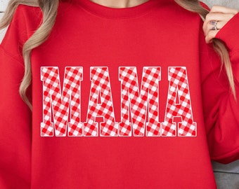 Red White Gingham MAMA Sweatshirt, Plaid Unisex Long Sleeve top, Casual top with spring summer theme, picnic blanket fabric, Mom gift idea