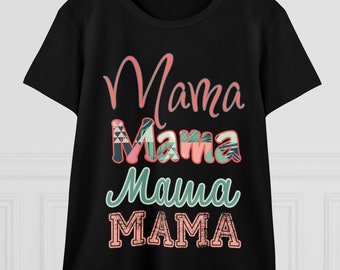 Mama Women's Midweight Cotton Tee, Mom shirt, coral turquoise light aqua accent top, casual daily mom style, comfy everyday tshirt patterned