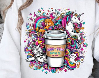 Boo-ya Coffee Co Unisex Heavy Blend Crewneck Sweatshirt, 90's Millennial Child, colorful Rainbow art, with cat, unicorn, tiger and stars