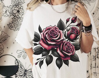 Red Rose Bloom Tee, Unisex Softstyle T-Shirt, Flower, buds and leaves graphic, Edgy gardener outfit idea, Floral top for women