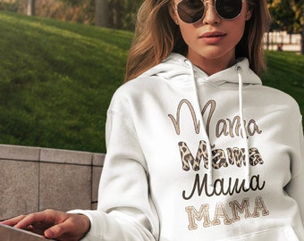 Mama Hooded Unisex Sweatshirt, Mom hoodie white and brown animal print casual daily mom style, comfy everyday patterned, simple cozy style