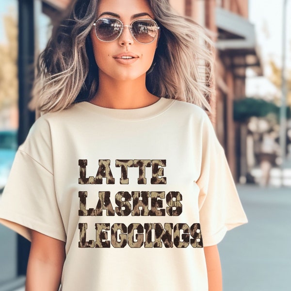 Latte Lashes Leggings oversized tee, Unisex shirt trendy Leopard print chic women's style, eyelashes and coffee comfort colors, daily wear