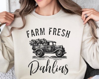 Farm Fresh Dahlias Sweatshirt, Unisex Long Sleeve top, Casual top spring summer garden vibes, Old Truck flower blossom delivery logo