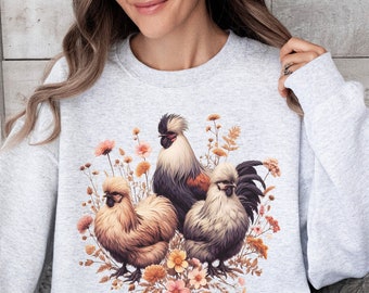 Silkies and Wildflowers Sweatshirt, Unisex Crew neck Long Sleeve, Rare Breed Chicken trio and flower blooms, casual wear outfit for women