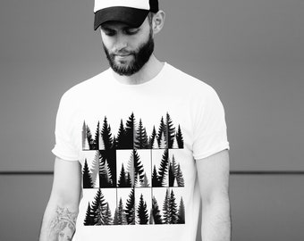 Monochrome Forest oversized tee, Unisex shirt,  Black Gray White Tree Grid, digital pop art style, for young adult men women, Comfort Colors