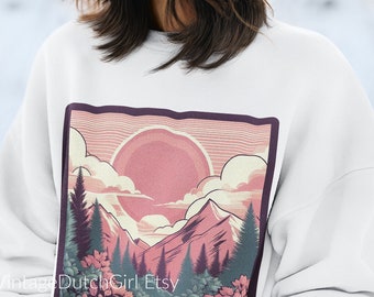 Plum Mountain Majesty Unisex Crewneck Sweatshirt, landscape in pink purple, monochromic retro poster, feminine casual, girlfriend gift idea