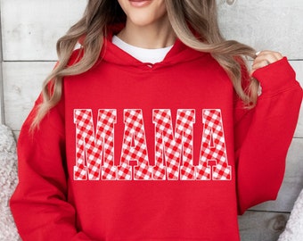 Red and White Gingham Mama Hoody, Unisex Sweatshirt Hoodie, Casual plaid words Big Bubble letters, spring summer vibes, picnic blanket