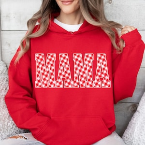 Red and White Gingham Mama Hoody, Unisex Sweatshirt Hoodie, Casual plaid words Big Bubble letters, spring summer vibes, picnic blanket image 1