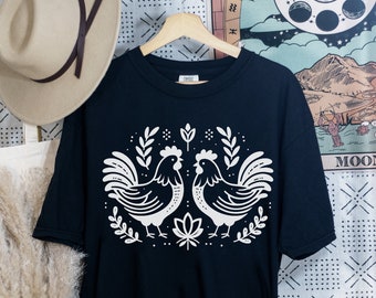 Nordic chicken print oversized tee, Unisex fit shirt Farmy hens womens, scandinavian inspired white graphic, comfort colors tshirt