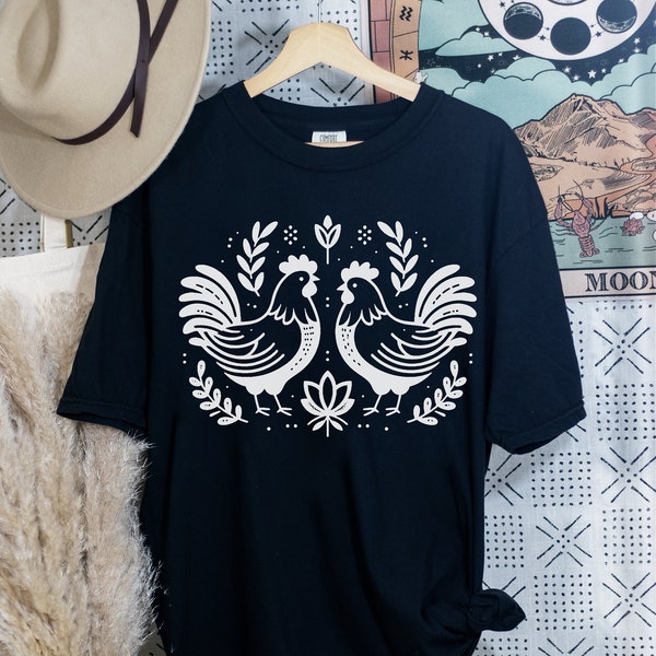 Nordic chicken print oversized tee, Unisex fit shirt Farmy hens womens, scandinavian inspired white graphic, comfort colors tshirt