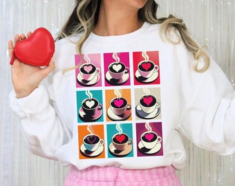 I Heart Coffee Sweatshirt, Crewneck Unisex, Pop art style tea cups, love valentines day, bright colorful grid folk art old school