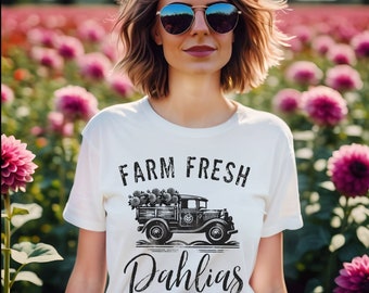 Farm Fresh Dahlias Unisex Jersey Short Sleeve Tee, Casual t shirt, spring summer garden vibes, Old Truck flower blossom delivery logo