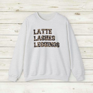 Latte Lashes Leggings Sweatshirt, Crewneck Unisex, Trendy Leopard print chic women's style, eyelashes coffee comfy clothes, daily wear tee Ash