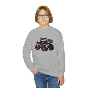 Monster Truck Sweatshirt, Unisex Youth Crewneck, BigFoot loving kid, gift idea from grandparents, daily casual wear children, Youth sizing image 9
