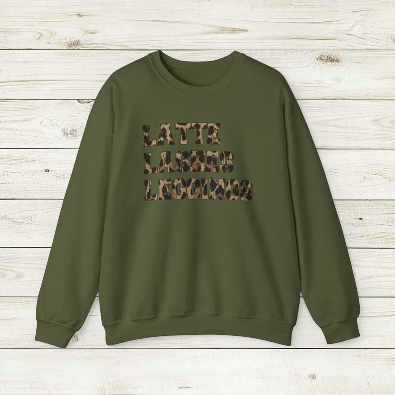 Latte Lashes Leggings Sweatshirt, Crewneck Unisex, Trendy Leopard print chic women's style, eyelashes coffee comfy clothes, daily wear tee Military Green