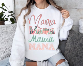 Mama Unisex Crewneck Sweatshirt, Mom coral, green, and pale aqua top, casual daily mom style, comfy everyday patterned, simple cozy style