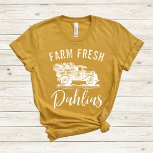 Farm Fresh Dahlias Unisex Jersey Short Sleeve Tee, Casual t shirt, spring summer garden vibes, Old Truck flower blossom delivery logo Heather Mustard