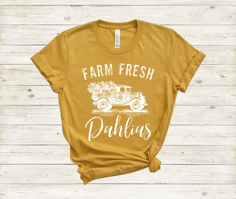 Farm Fresh Dahlias Unisex Jersey Short Sleeve Tee, Casual t shirt, spring summer garden vibes, Old Truck flower blossom delivery logo Heather Mustard