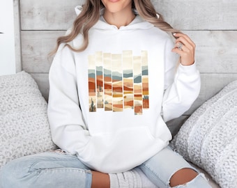 Desert Offset Hoody, Unisex Sweatshirt, Modern Boho Chic style, wanderlust free spirit fashion, flower child vibe, southwestern earthy hues