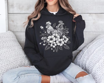 Chicken Bouquet Unisex Heavy Blend Hooded Sweatshirt, multiple colors simple hen and flower blooms graphic, cute and classy hoodie