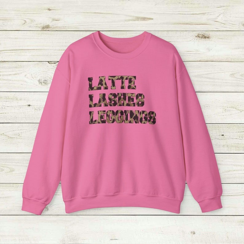 Latte Lashes Leggings Sweatshirt, Crewneck Unisex, Trendy Leopard print chic women's style, eyelashes coffee comfy clothes, daily wear tee Safety Pink