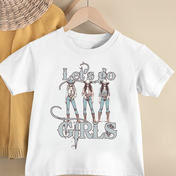 Let's Go Girls, camiseta para niños, vaqueras unisex fit camisa de moda estampado descolorido, sombrero de vaquero botas jeans, chica country western, top juvenil estilo rodeo