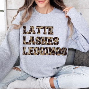 Latte Lashes Leggings Sweatshirt, Crewneck Unisex, Trendy Leopard print chic women's style, eyelashes coffee comfy clothes, daily wear tee Sport Grey