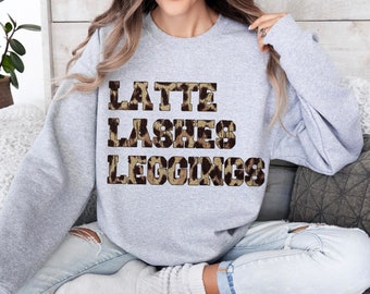 Latte Lashes Leggings Sweatshirt, Crewneck Unisex, Trendy Leopard print chic women's style, eyelashes coffee comfy clothes, daily wear tee