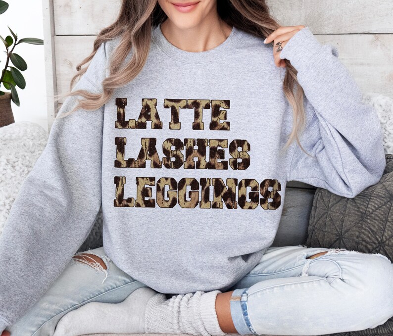 Latte Lashes Leggings Sweatshirt, Crewneck Unisex, Trendy Leopard print chic women's style, eyelashes coffee comfy clothes, daily wear tee Sport Grey