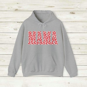 Red and White Gingham Mama Hoody, Unisex Sweatshirt Hoodie, Casual plaid words Big Bubble letters, spring summer vibes, picnic blanket image 7