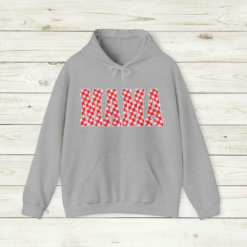 Red and White Gingham Mama Hoody, Unisex Sweatshirt Hoodie, Casual plaid words Big Bubble letters, spring summer vibes, picnic blanket image 7