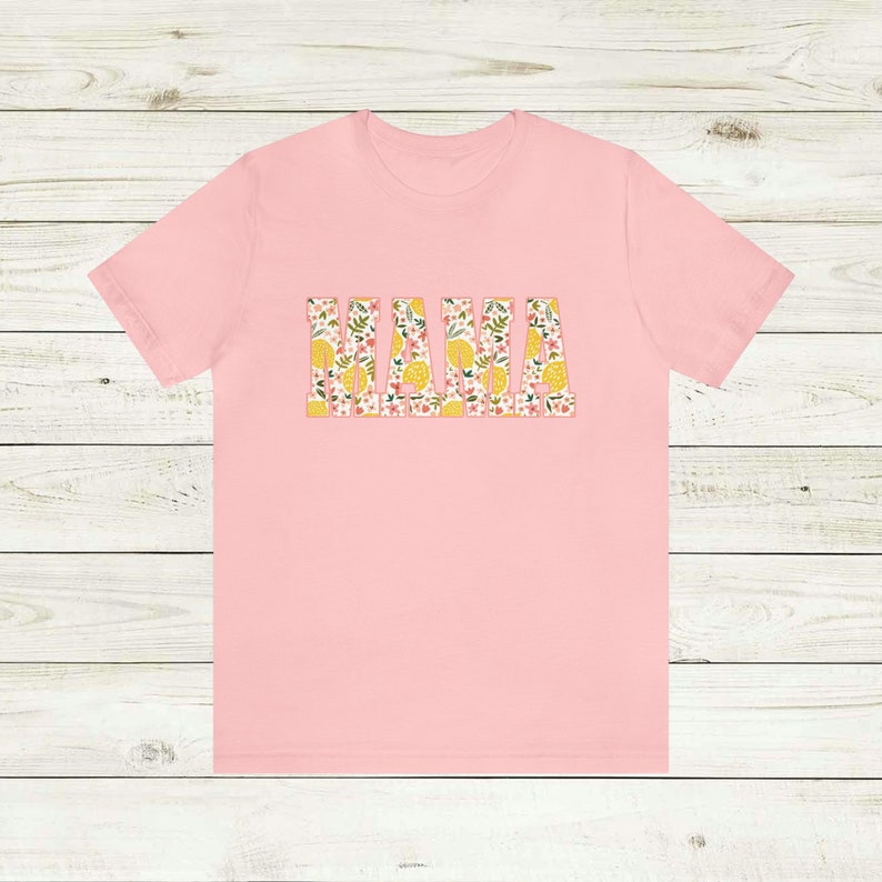 Lemon MAMA Unisex Jersey Short Sleeve Tee, Casual attire t shirt spring pattern letters, peach pink flowers, citrus & leaves, Mom gift idea Pink
