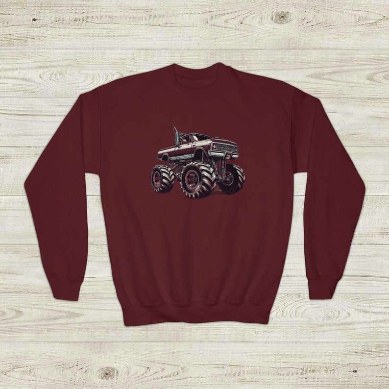 Monster Truck Sweatshirt, Unisex Youth Crewneck, BigFoot loving kid, gift idea from grandparents, daily casual wear children, Youth sizing image 2