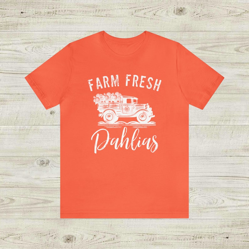 Farm Fresh Dahlias Unisex Jersey Short Sleeve Tee, Casual t shirt, spring summer garden vibes, Old Truck flower blossom delivery logo Coral