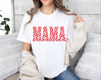 Red Gingham MAMA Unisex Jersey Short Sleeve Tee, Casual t shirt Plaid, spring summer vibes, picnic blanket theme, Mom gift idea