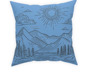 Free US shipping, Mountain Landscape Light Blue Broadcloth Pillow and Insert, Carolina Blue for living room, RV trailer, cabin or bedroom