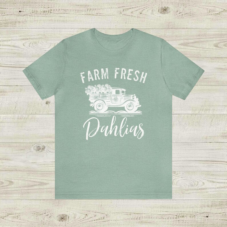 Farm Fresh Dahlias Unisex Jersey Short Sleeve Tee, Casual t shirt, spring summer garden vibes, Old Truck flower blossom delivery logo Heather Prism Dusty Blue