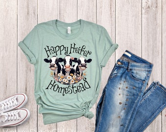 Happy Heifers Homestead Unisex Jersey Short Sleeve Tee, herd of 3 smiling Holstein cows, charming animal tshirt with wildflowers, dairy farm