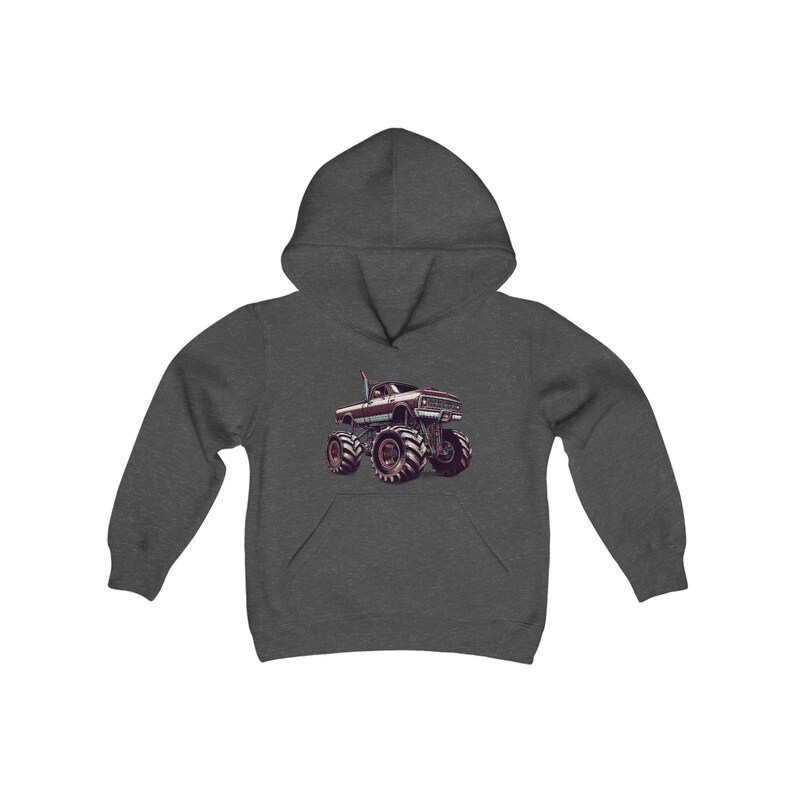 Monster Truck Hoodie, Youth heavy blend hooded Sweatshirt, Automobile loving kid, gift idea from grandparents, daily casual wear children image 4