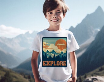 Explore Nature Kids unisex tee, outside hiker child t shirt, explorer clothes for active kid, outside camping exploring mountains and trees