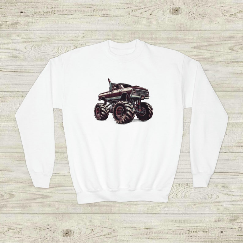 Monster Truck Sweatshirt, Unisex Youth Crewneck, BigFoot loving kid, gift idea from grandparents, daily casual wear children, Youth sizing image 6