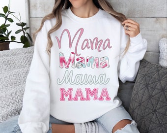 Mama Unisex Crewneck Sweatshirt, Mom pink white light blue print accent top, casual daily mom style, comfy everyday patterned, simple cozy