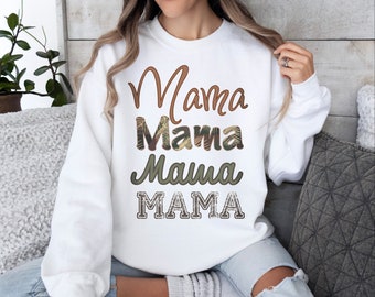 Mama Unisex Crewneck Sweatshirt, Mom army green white and brown accent top, casual daily mom style, comfy everyday patterned, simple cozy
