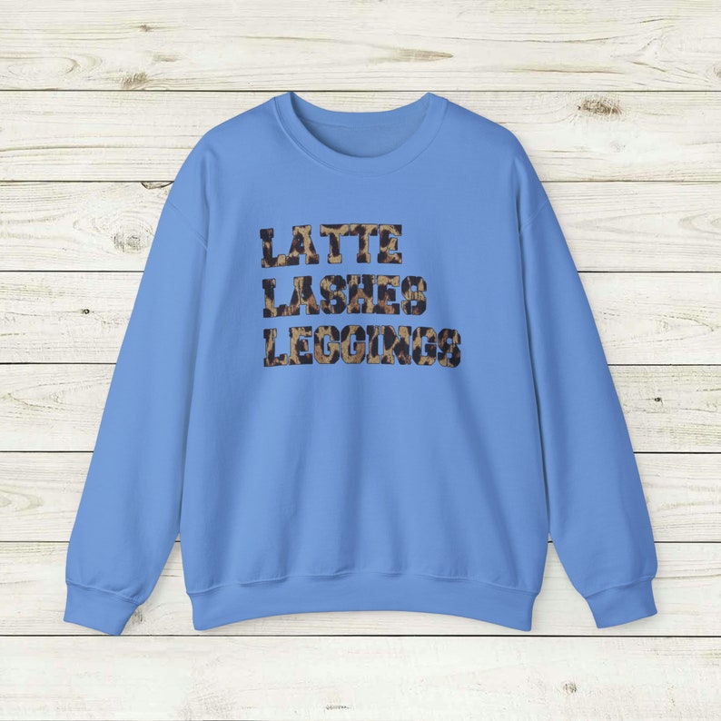 Latte Lashes Leggings Sweatshirt, Crewneck Unisex, Trendy Leopard print chic women's style, eyelashes coffee comfy clothes, daily wear tee Carolina Blue