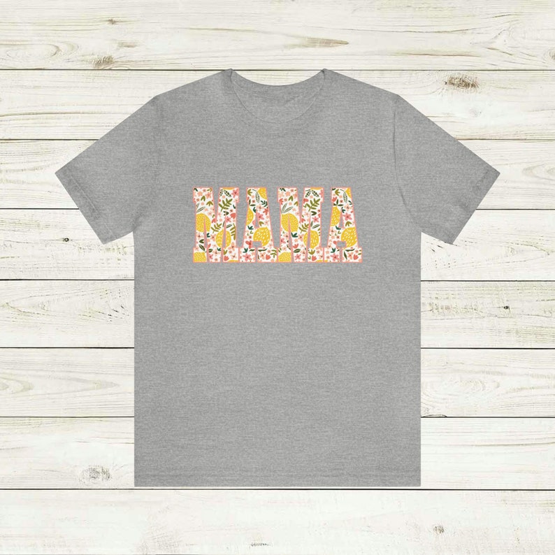 Lemon MAMA Unisex Jersey Short Sleeve Tee, Casual attire t shirt spring pattern letters, peach pink flowers, citrus & leaves, Mom gift idea Athletic Heather