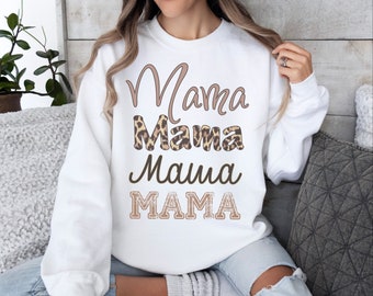 Mama Unisex Crewneck Sweatshirt, Mom white and brown animal print accent top, casual daily mom style, comfy everyday patterned, simple cozy